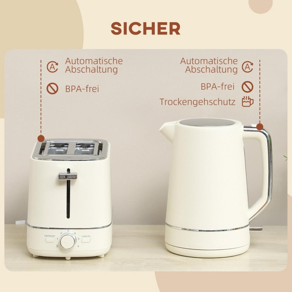 WASSERKOCHER-TOASTER UND 1,7 L 6 Bräunungsstufen Beige 21,2/16/24,3 cm - Beige, Kunststoff (16/24.3/21.2cm) - Rolipo