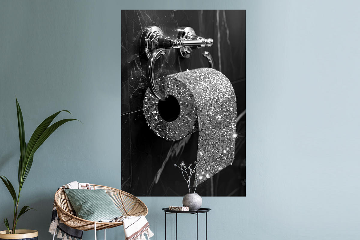 WANDTATTOO WC - Toilettenpapier - Schwarz und weiß - Glitter 80x120 cm - Silberfarben, Kunststoff (80/120/0.1cm) - MuchoWow
