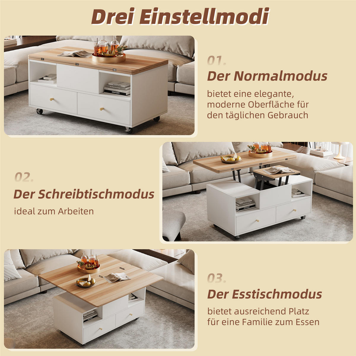 COUCHTISCH klappbar 4 Schubladen Rollen 100/50/47,5 cm - Weiß, Holz (100/50/62cm) - Kaket