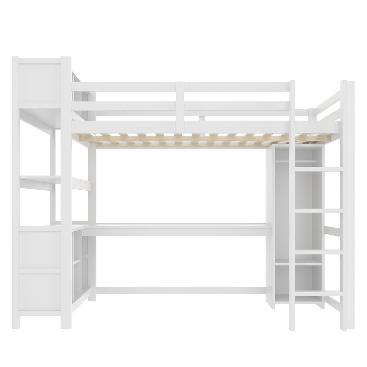 HOCHBETT mit Schreibtisch und Kleiderschrank 140x200 cm Kiefer Weiß - Weiß, Holz (140/200cm) - Meubliv