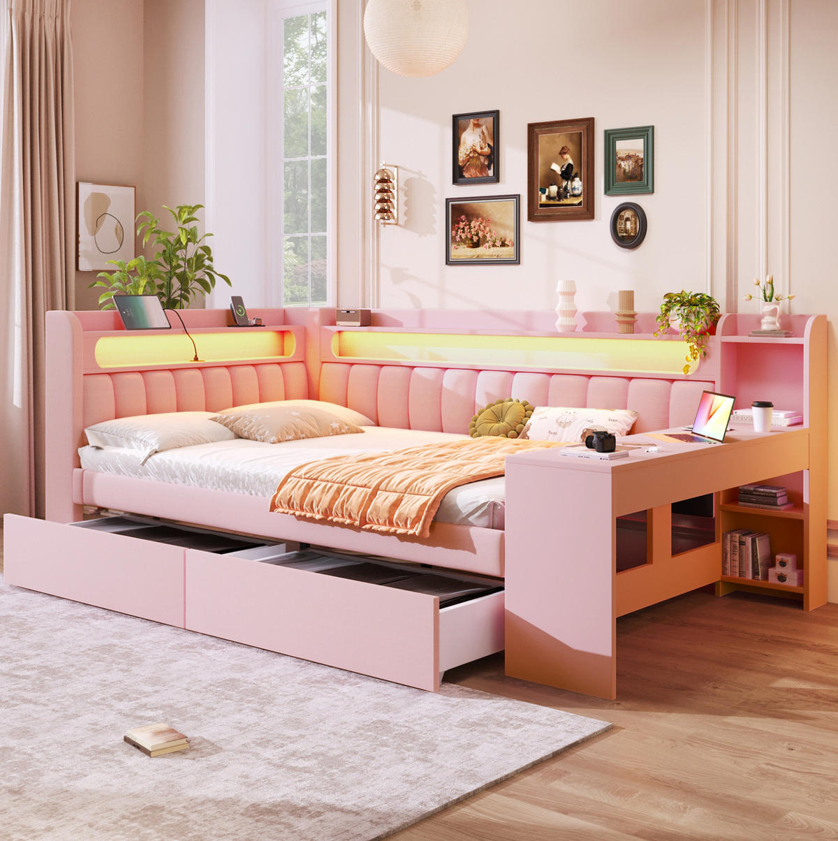 TAGESBETT 140/200 cm mit LED-Beleuchtung, USB-Anschluss, Schreibtisch und 2 Schubladen, Rosa - Rosa, Holzwerkstoff (140/200cm) - Redom