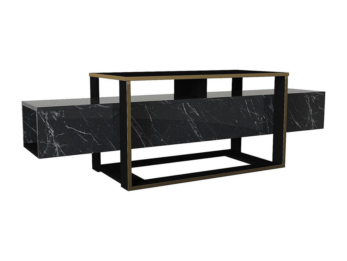 TV-MÖBEL mit 2 Ablagen - Marmor-Optik - Schwarz & Goldfarben - COMEBI - Schwarz, Holz (160/49.8/46.1cm) - Vente-Unique