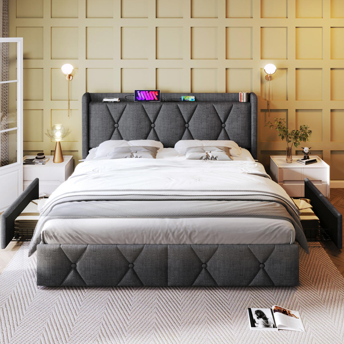 BETT mit USB und 4 Schubladen 160x200 cm Leinen Grau - Grau, Metall (160/200cm) - Meubliv