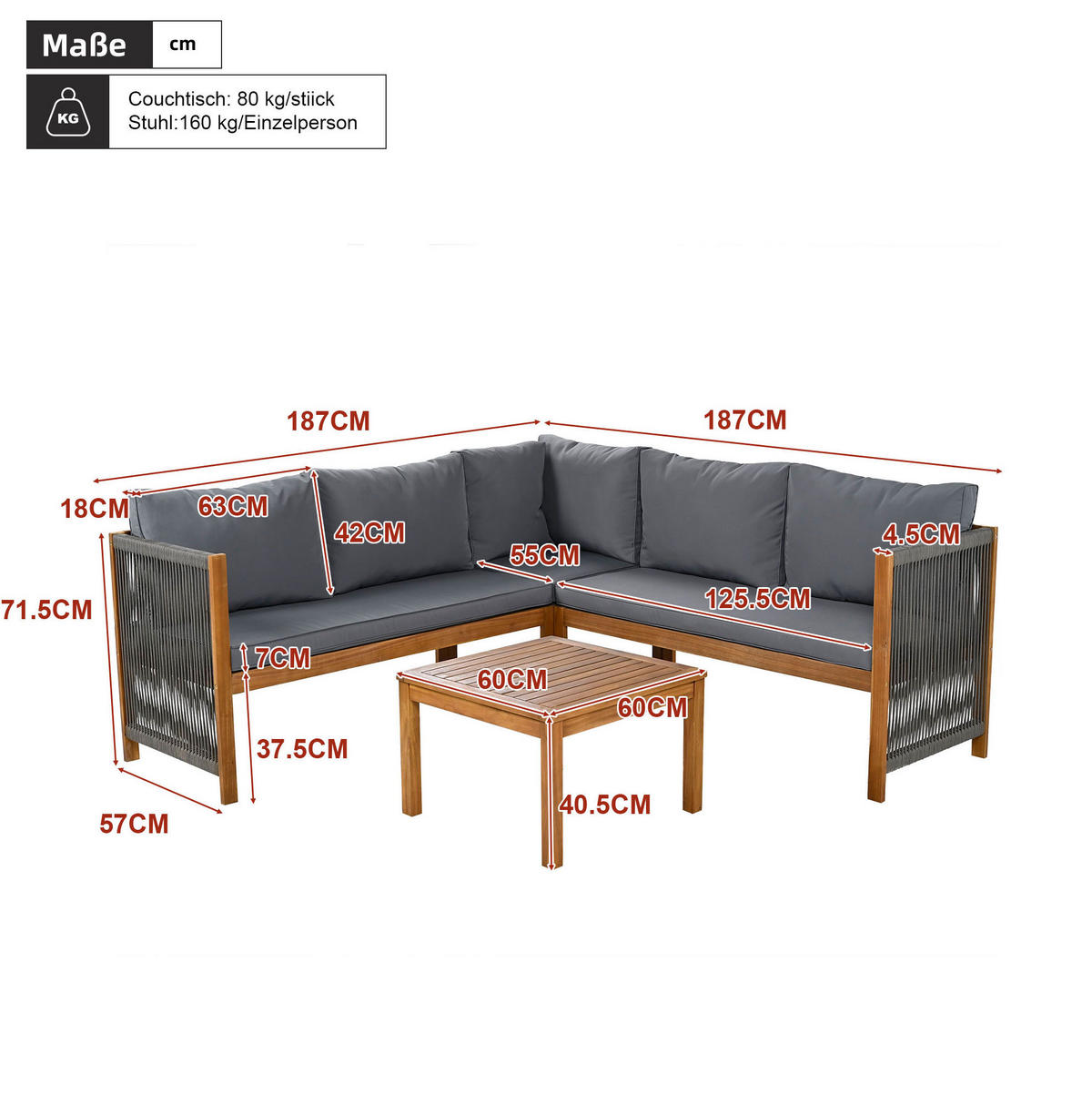 GARTENMÖBEL-SET mit Ecksofa und Couchtisch, Akazienholzrahmen mit Seilgeflecht, Grau - Grau, Textil - Redom