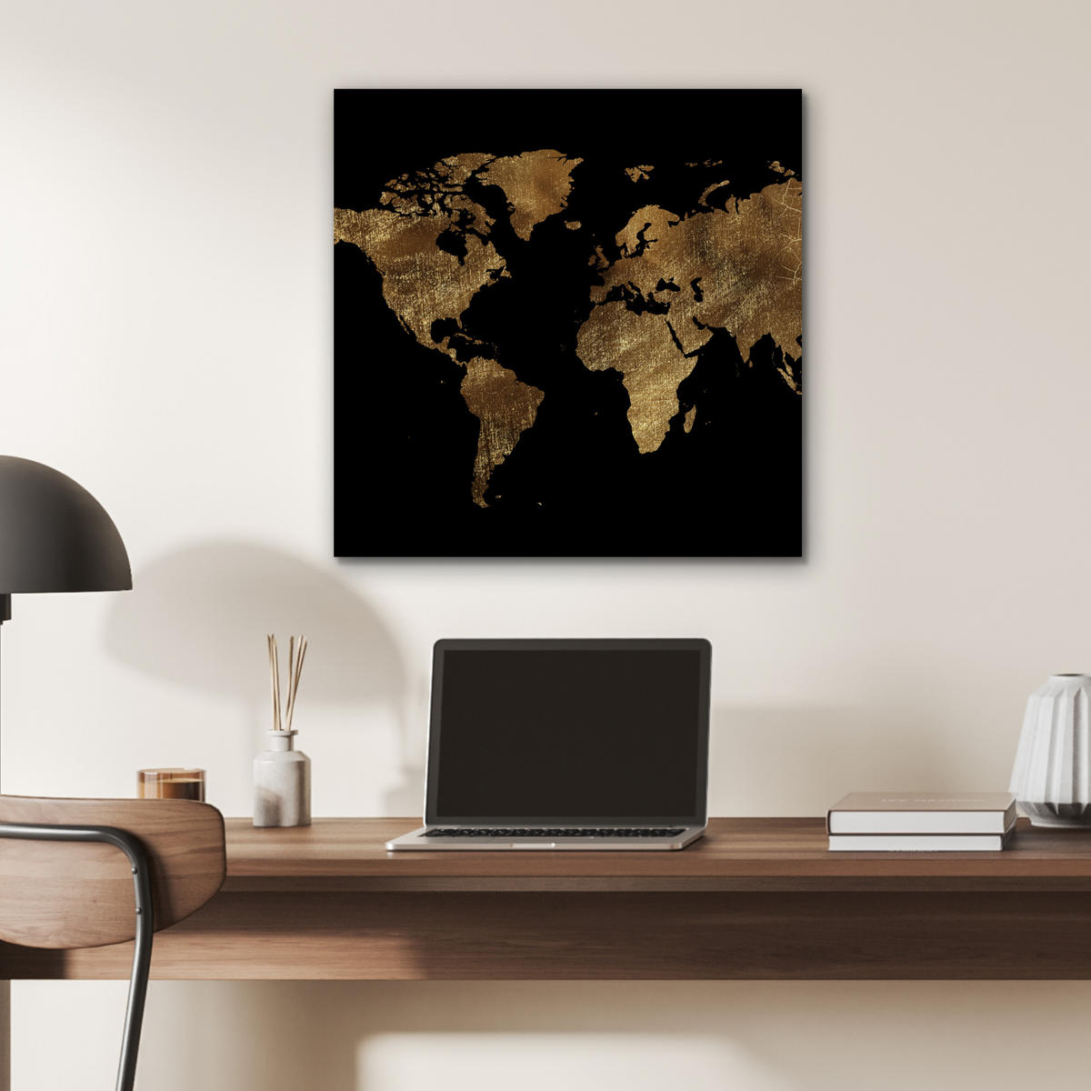 KOVOVÝ OBRAZ Mapa sveta - Zlato - Luxus - Zem - Čierna 50x50 cm - zlatá, kov (50/50cm) - MuchoWow