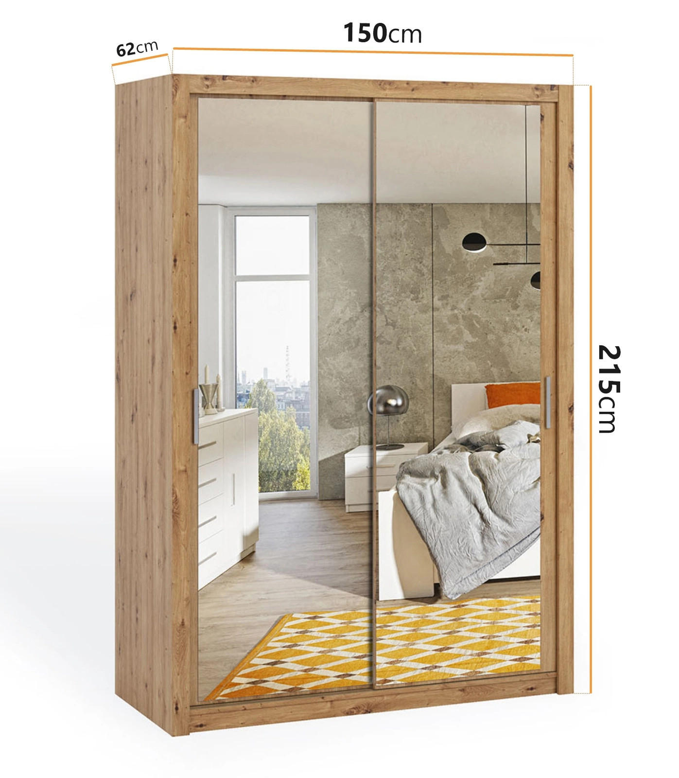 SCHIEBETÜRENSCHRANK Tamiza 150/215/62 mit Spiegel - Silberfarben/Eiche Artisan, Holzwerkstoff/Kunststoff (150/215/62cm) - Ravio