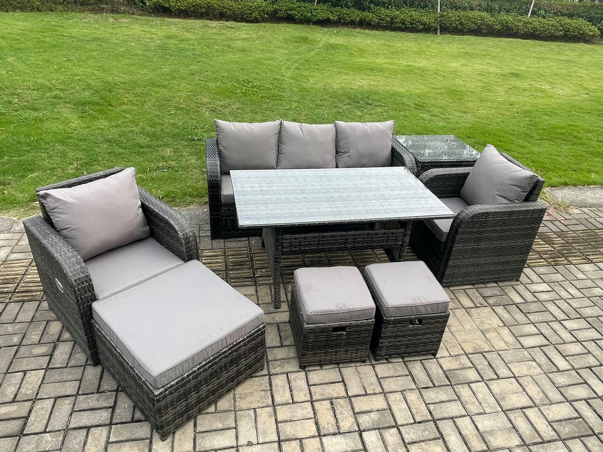 GARTENSET mit 3-Sitzer-Sofa,Beistelltisch,Esstisch Polyrattan 8-Sitzer - Dunkelgrau/Grau, Glas/Kunststoff - Fimous