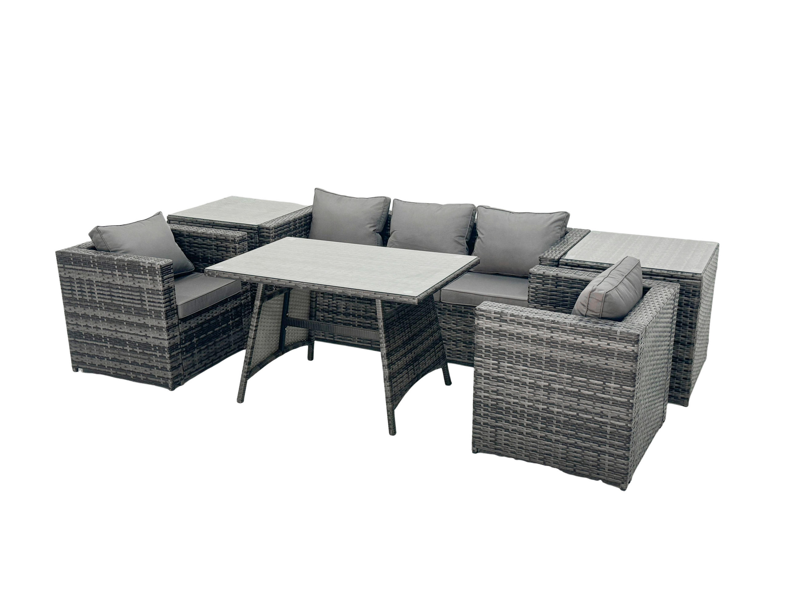 GARTENMÖBELSET mit Esstisch,Beistelltisch 5-Sitzer Grau - Dunkelgrau/Grau, Glas/Kunststoff - Fimous