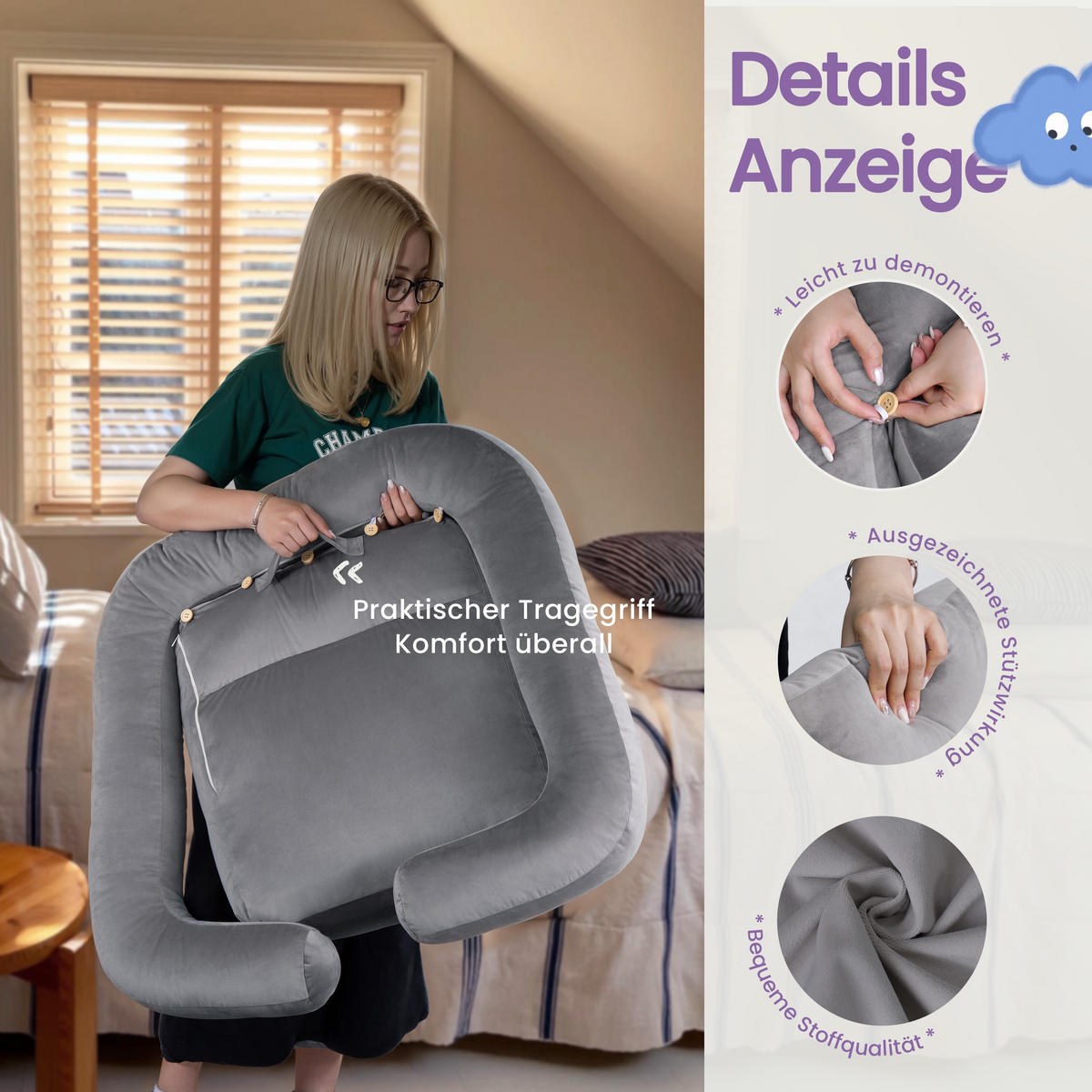 STÜTZKISSEN Grau - Grau, Textil (70/36cm) - Vercart