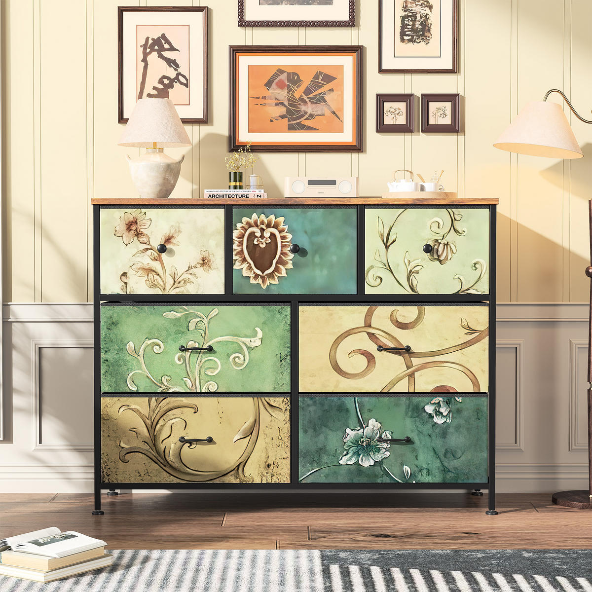 KOMMODE mit 7 Schubladen, Schminktisch mit Holzplatte, Metallgestell - Multicolor, Holz (30/78/100cm)