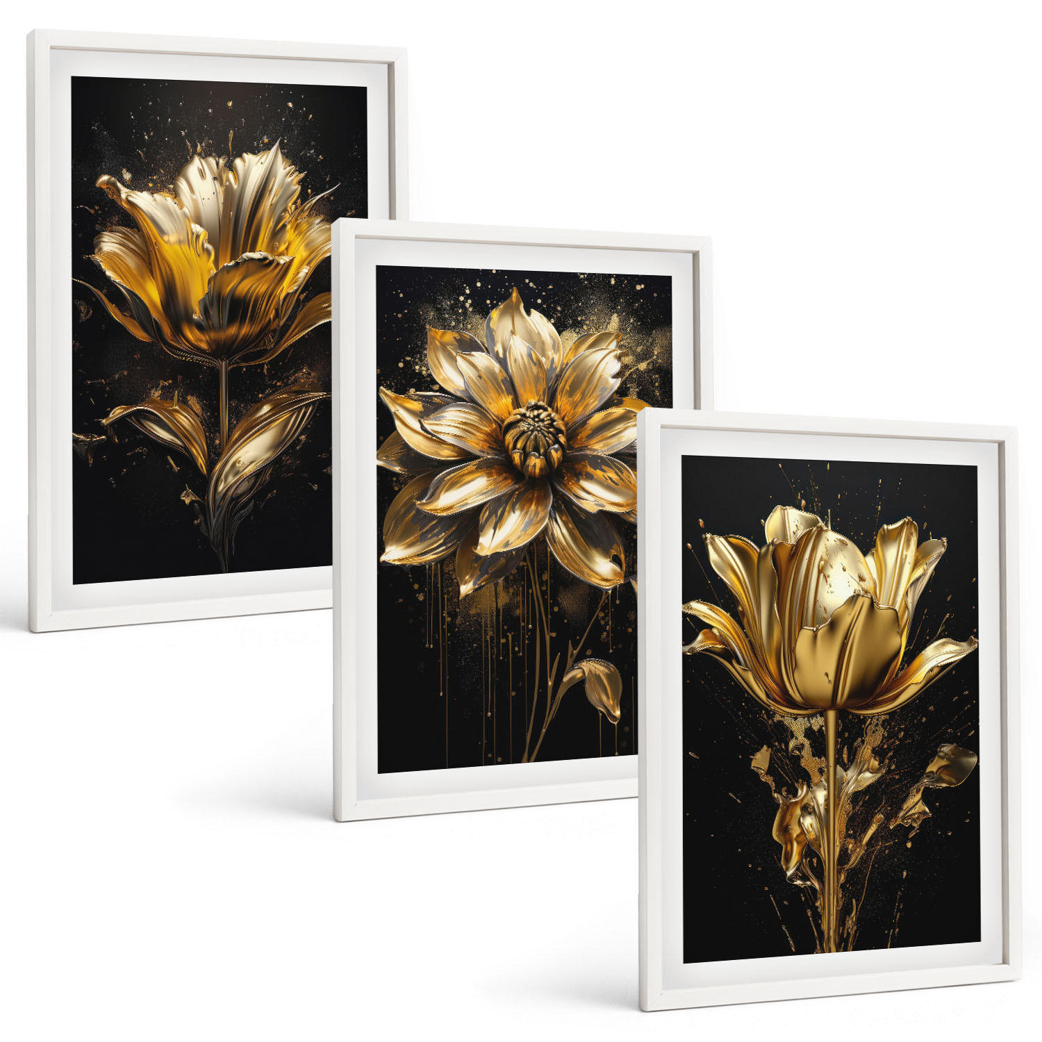BILDER SET 3er Set - 40x60 cm Weißer Rahmen - Gelbe Blüten auf dunklem Hintergrund - Weiß, Kunststoff (40/60cm) - TULUP