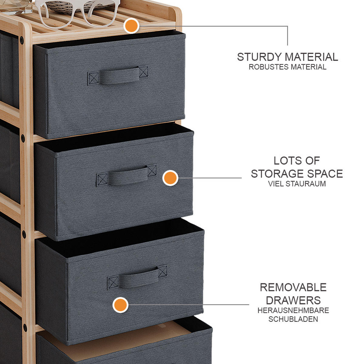 KOMMODE Bruno Grau 34.5 x 86 cm mit 4 Stoffschubladen - Naturfarben/Grau, Holzwerkstoff (34.5/86/36.5cm) - Vicco