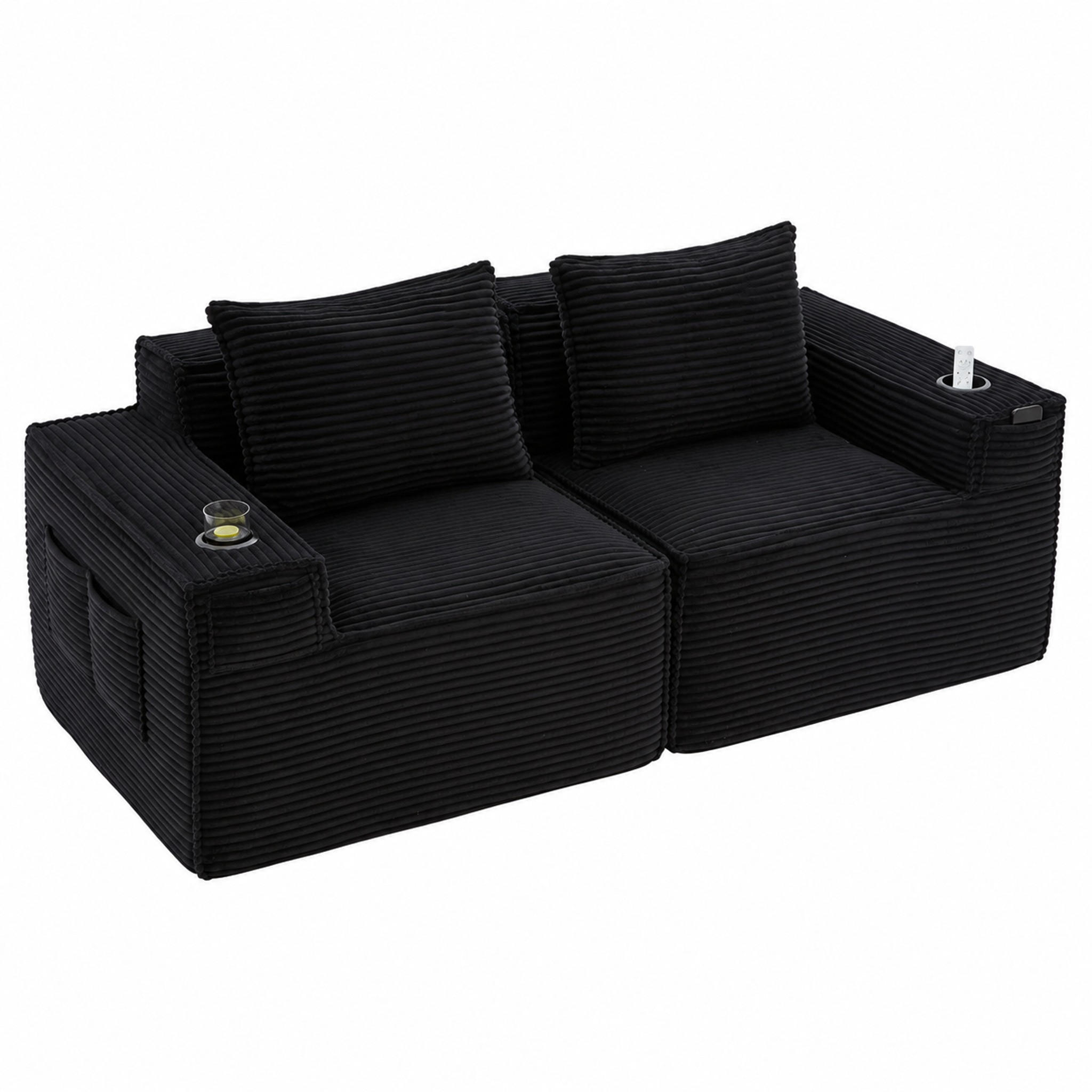 SOFA modularer 2-Sitzer mit Getränkehaltern 188 x 90 x 75 cm Schwarz - Schwarz, Kunststoff (188/75/90cm) - Meubliv