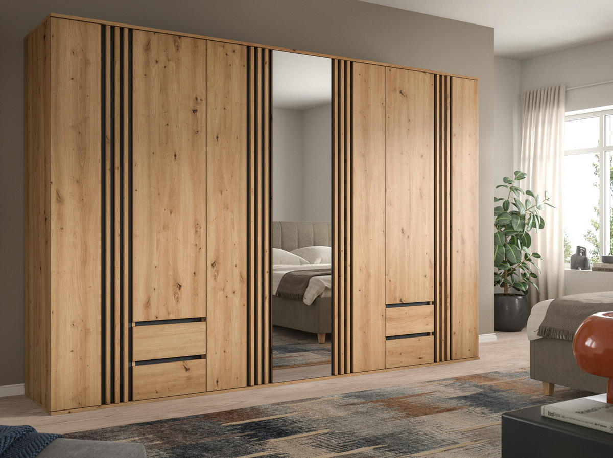 KLEIDERSCHRANK Eiche Artisan, grau 280 cm 7-türig, Wäscheschrank mit Spiegel und Schubladen - Anthrazit/Eiche Artisan, Holzwerkstoff (280/192/56cm) - Inn.Furn