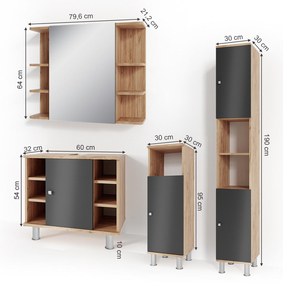 BADMÖBEL-SET Fynn Eiche 4 Teile - Eichefarben/Anthrazit, Holzwerkstoff (60/54/32cm) - Vicco