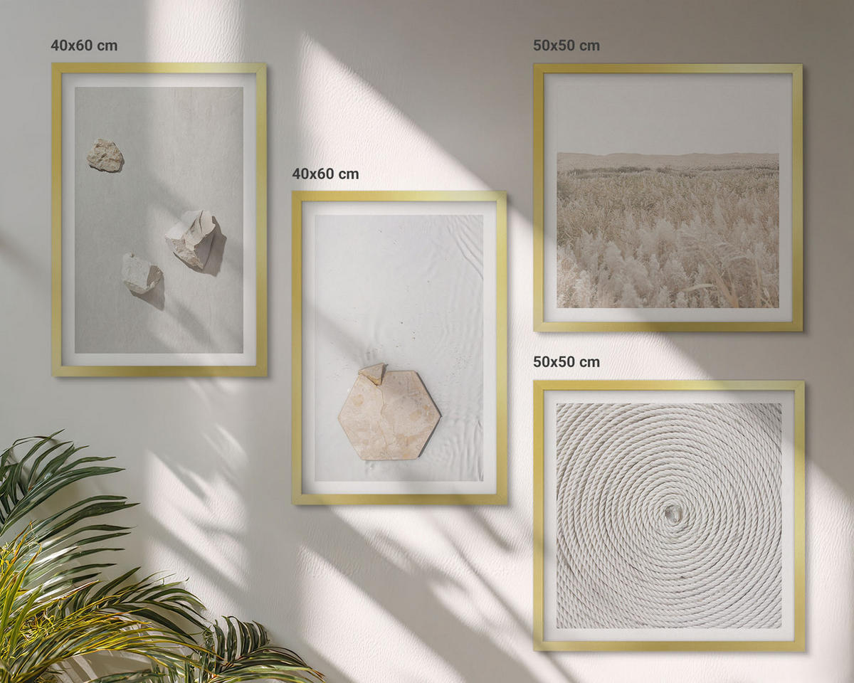 WANDBILDER 4er Set - 50x50 cm & 40x60 cm Goldrahmen - Leichte Boho-Sandtexturen - Goldfarben, Kunststoff (50/50cm) - ArtPrintCave