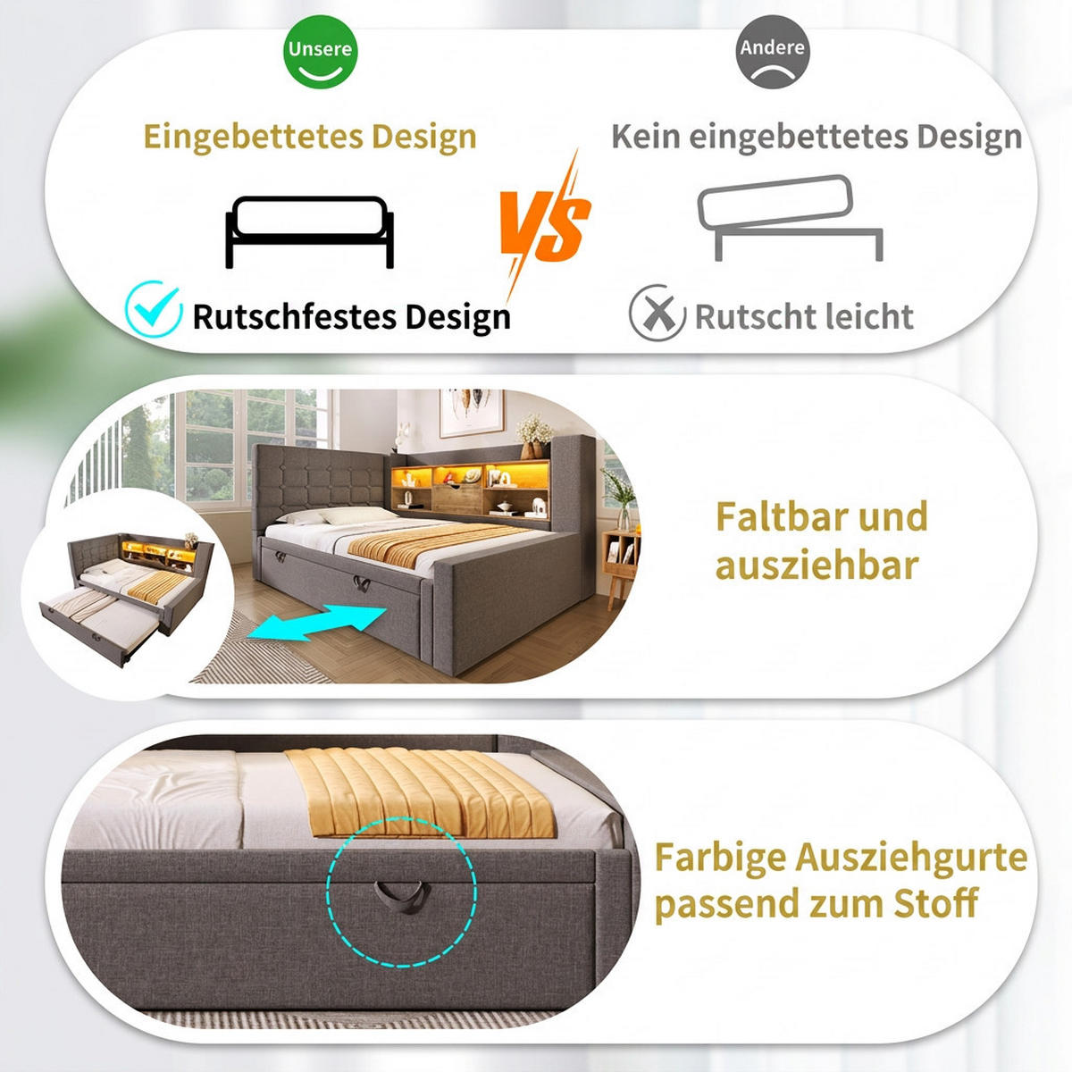 POLSTERBETT 90/200 cm Grau mit Ausziehbett 90/190 cm LED-Beleuchtung und Stauraum (Ohne Matratze) - Grau, Textil (90/200cm) - Oxeza