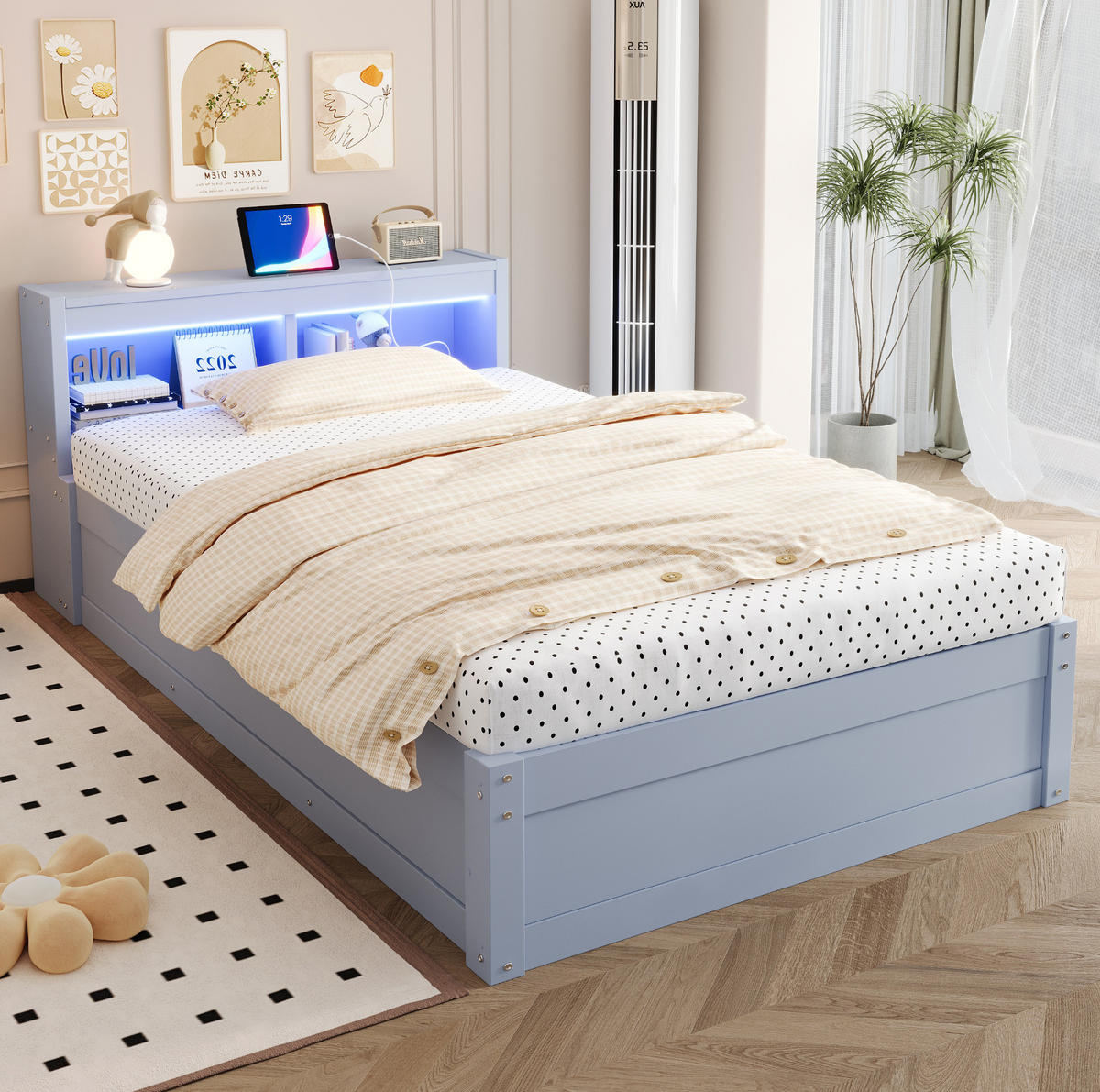 JEDNOLŮŽKO 90/200 cm s LED osvětlením, zásuvkou, hydraulickým úložným prostorem a policemi z MDF, Šedá - šedá, kompozitní dřevo (90/200cm) - Redom