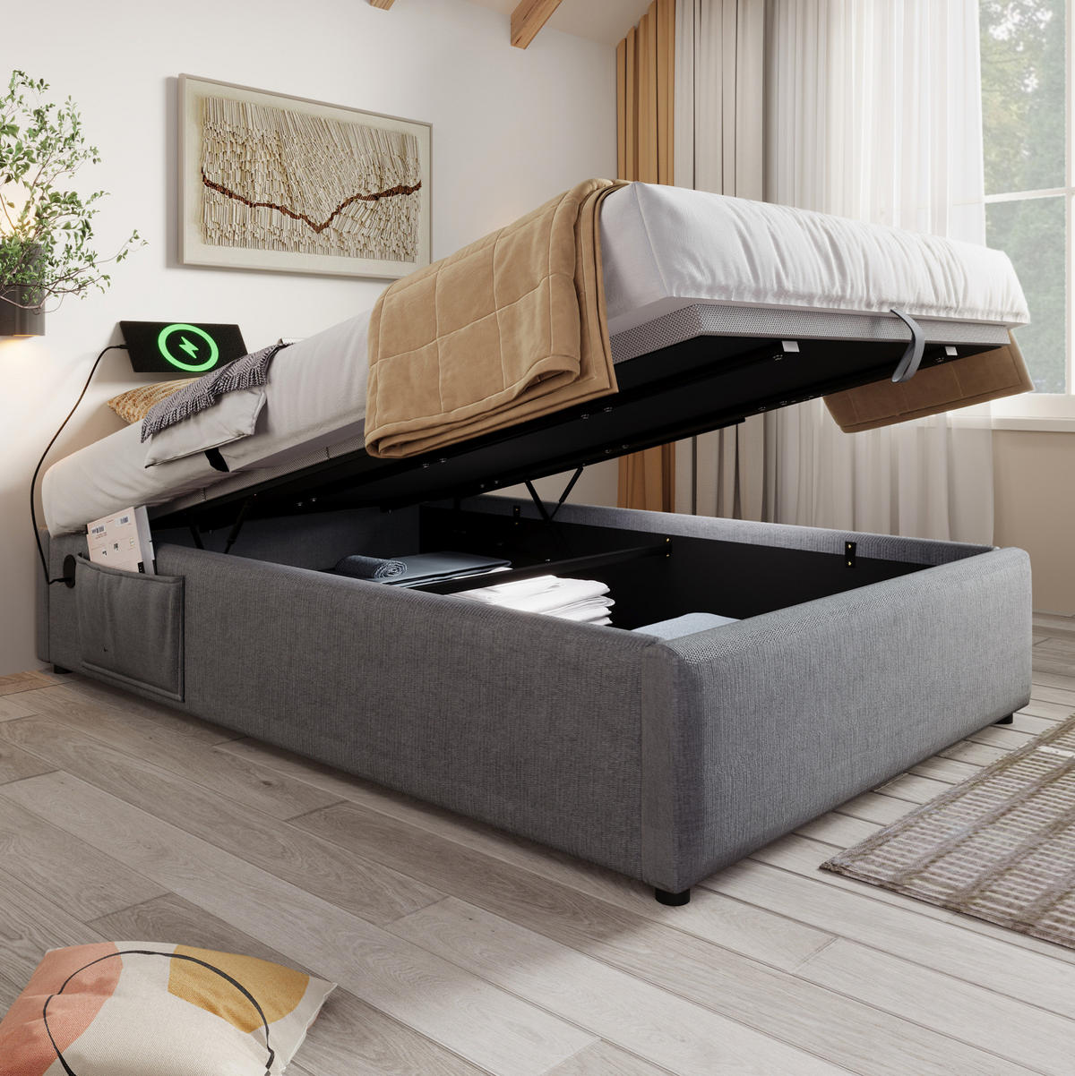 POLSTERBETT 90/190 cm mit Bettkasten, USB-C und Stauraum, ohne Kopfteil - Grau, Textil (90/190cm) - BEAOK