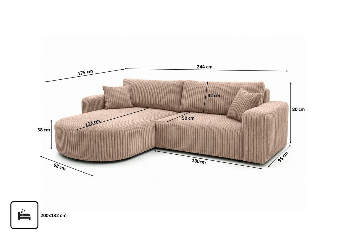 ECKSOFA Mit Schlaffunktion, Cordstoff Tilia, Braun, Links, ROUND ONE - Braun, Holz (244/175cm) - Kaiser Möbel