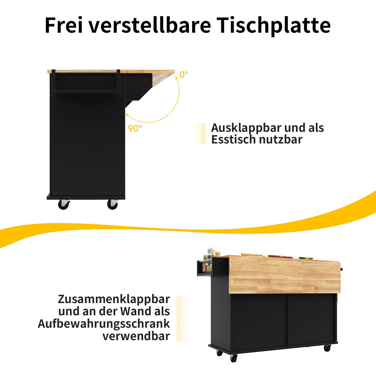 KÜCHENINSEL 106x78x90.5cm Schwarz mit Klapptisch & Rädern - Schwarz, Holzwerkstoff (106/90.5/78cm) - Modfu