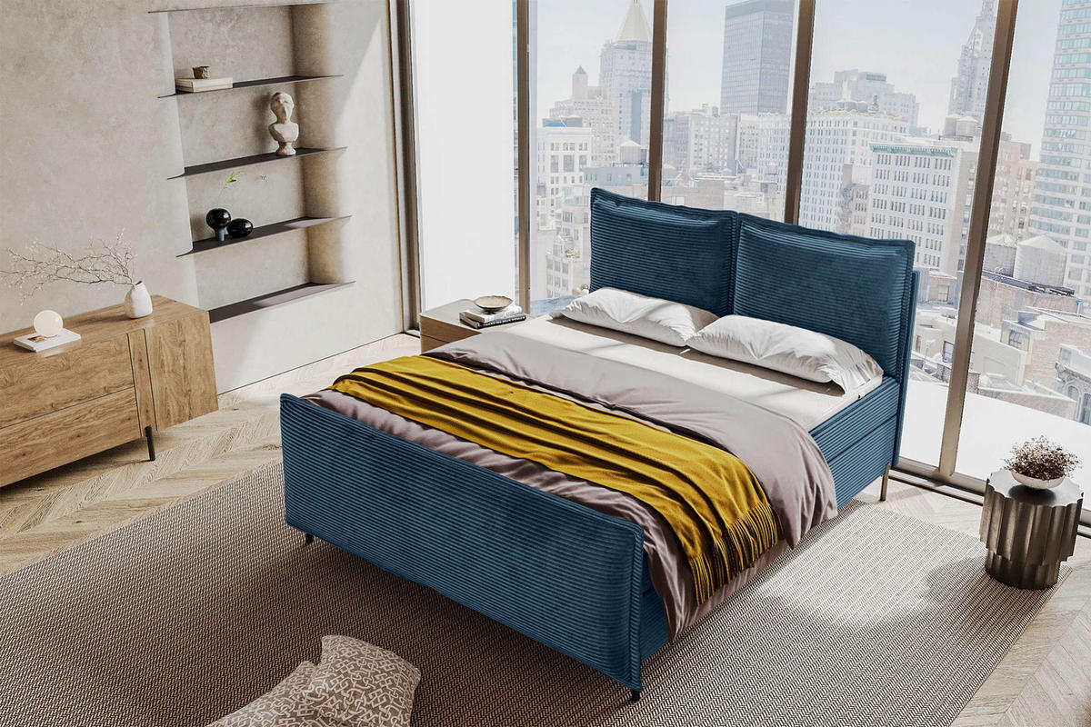 BOXSPRINGBETT VERO PLUS Cordstoff Blau 140/200 cm - Blau/Schwarz, Holzwerkstoff/Textil (140/200cm) - 99rooms