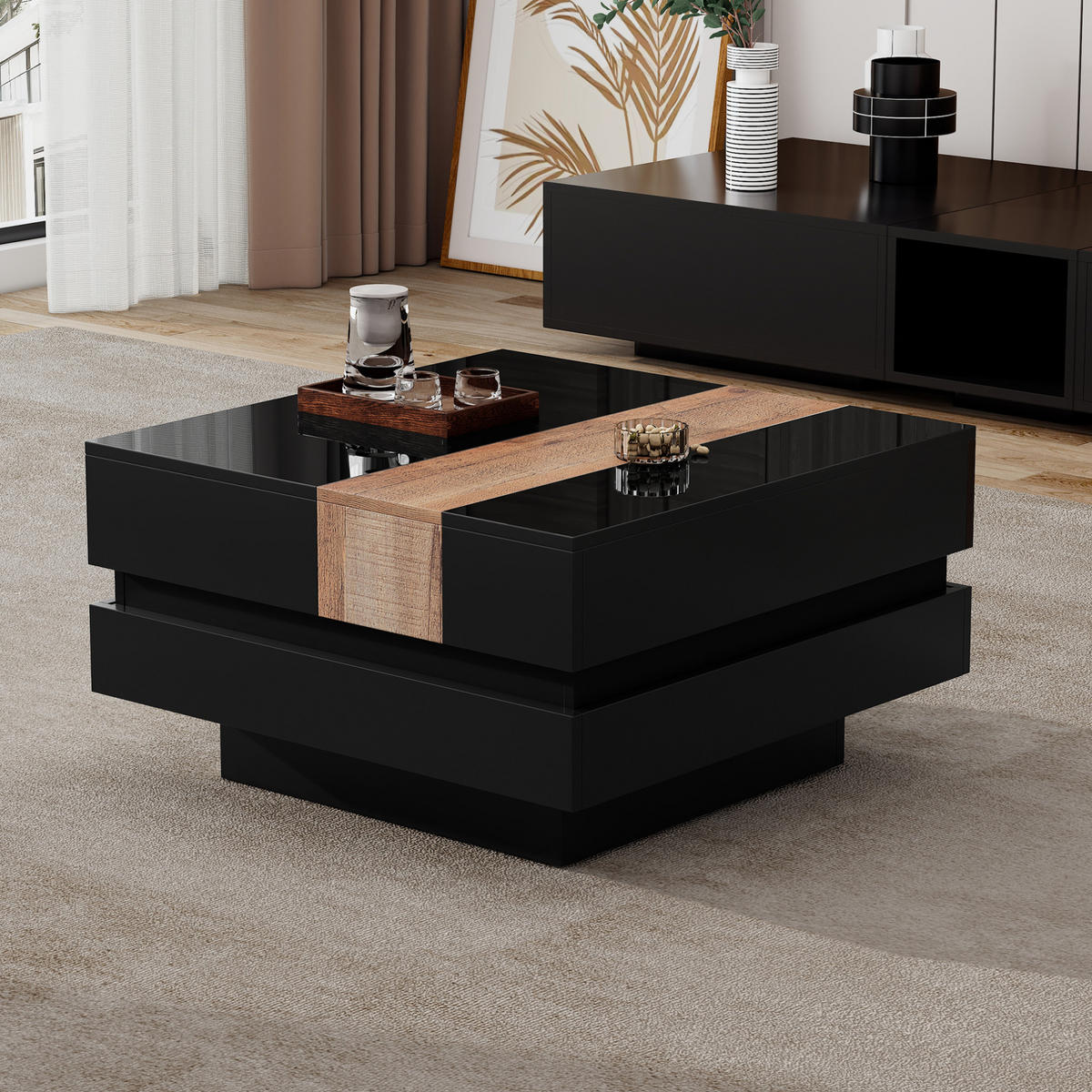 COUCHTISCH 70/70/39 cm mit ausziehbarer Tischplatte, verstecktem Stauraum und Hochglanzoberfläche aus MDF, Schwarz - Schwarz, Holzwerkstoff (70/70/39cm) - Modfu