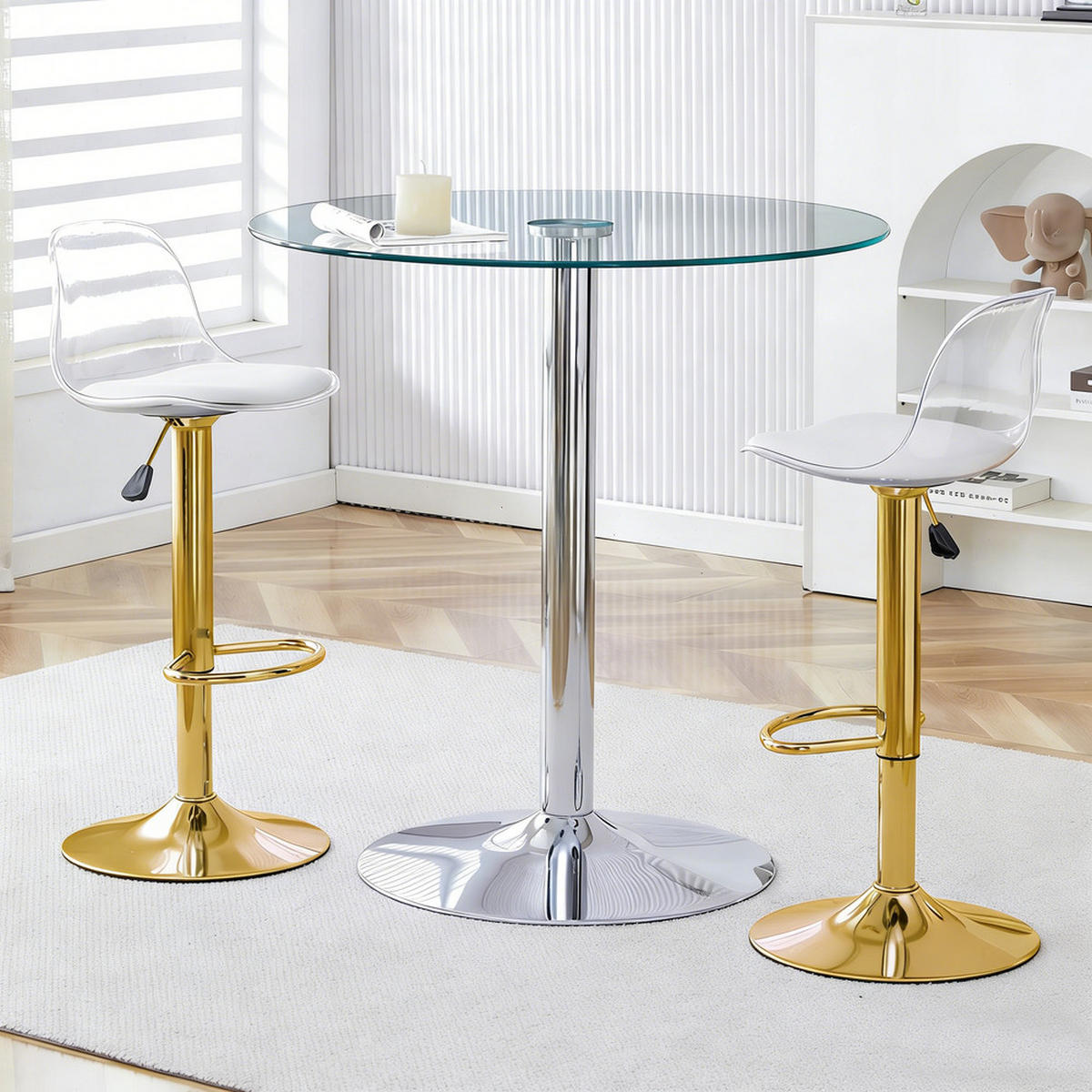 TISCHGRUPPE 3-tlg Glastisch 89 cm mit 2 Barhocker Drehbar Gold - Transparent/Goldfarben, Glas/Metall (49.5/50.5/52cm) - Raelunyi