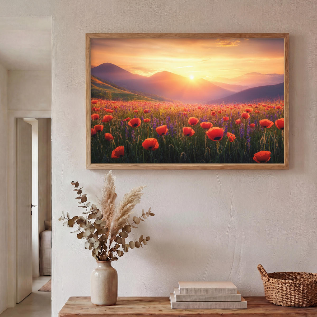 WANDLEUCHTE MIT AKKU Landschaft - Sonnenuntergang - Blumenfeld 100x70 cm - Rot, Holzwerkstoff (100/70/8cm) - OnlyWow