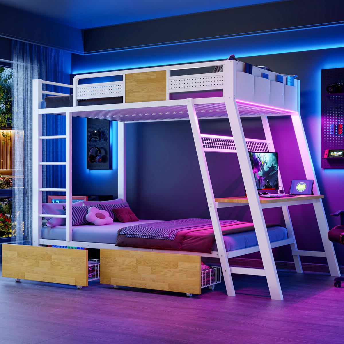 ETAGENBETT 90x200cm Metall Schreibtisch LED USB Weiß - Weiß, Metall (90/200cm) - FLIEKS