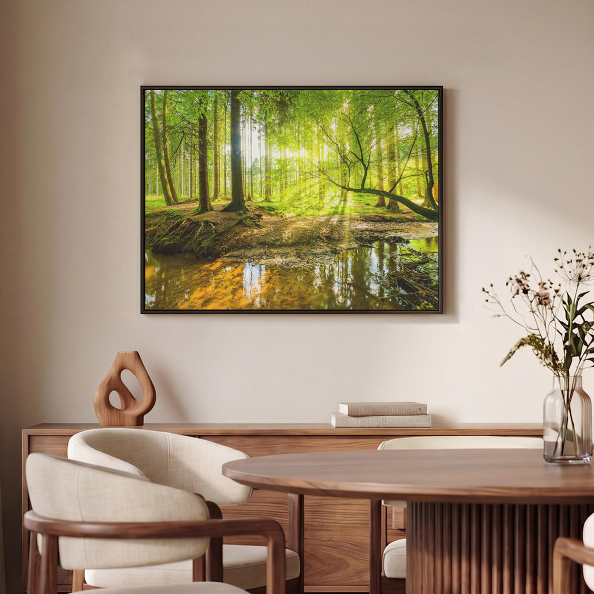 LEINWAND Bilder mit Rahmen - Wald - Landschaft - Wasser - Bäume - Sonne - Grün - Natur - 70x50 - Grün, Textil (70/50cm) - MuchoWow