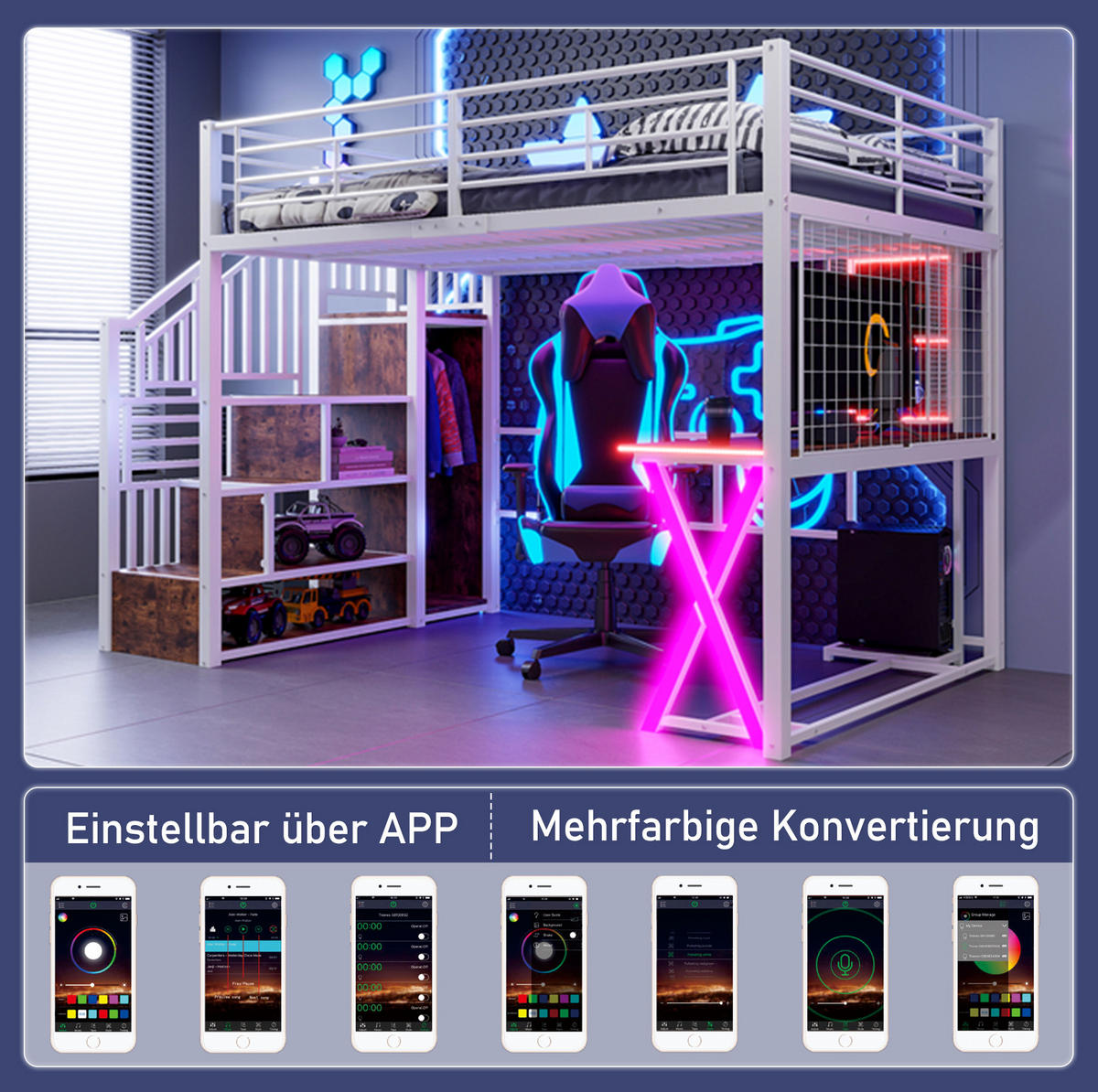 HOCHBETT 140/200 cm Weiß aus Metall/MDF mit Schreibtisch und Kleiderschrank - Weiß, Metall (140/200cm) - OKMYHOME