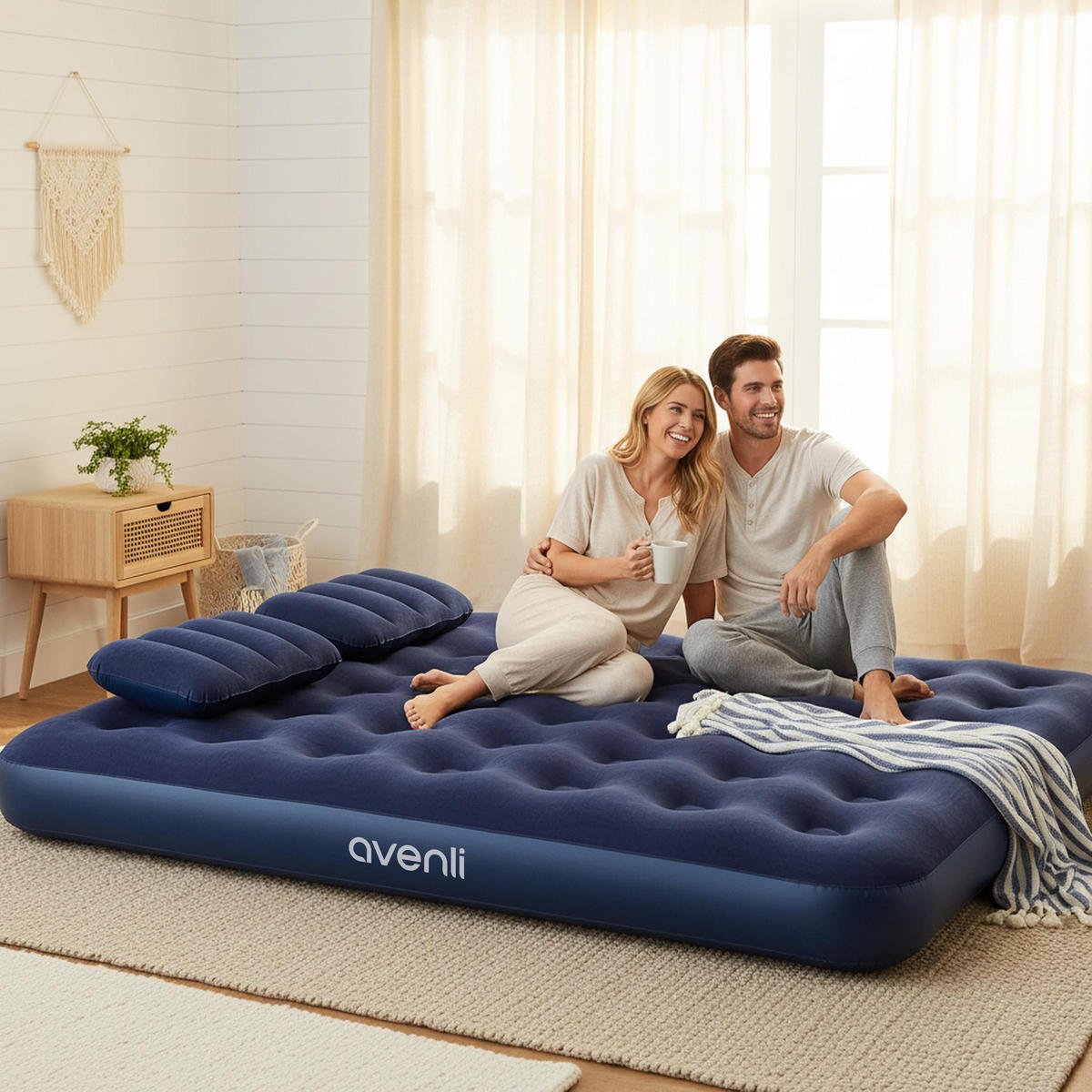 LUFTBETT Luftmatratze Camping 2 Personen 203x152x22cm blau 2 Kissen & Luftpumpe - Blau, Kunststoff (152/203cm) - Avenli