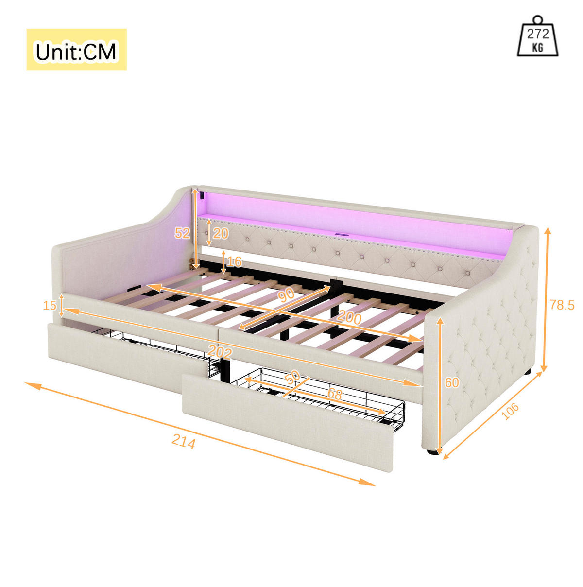 DNEVNI krevet 90/200 cm bež od lana i MDF-a s LED rasvjetom, USB priključkom i 2 ladice - bež, tekstil (90/200cm) - OKWISH