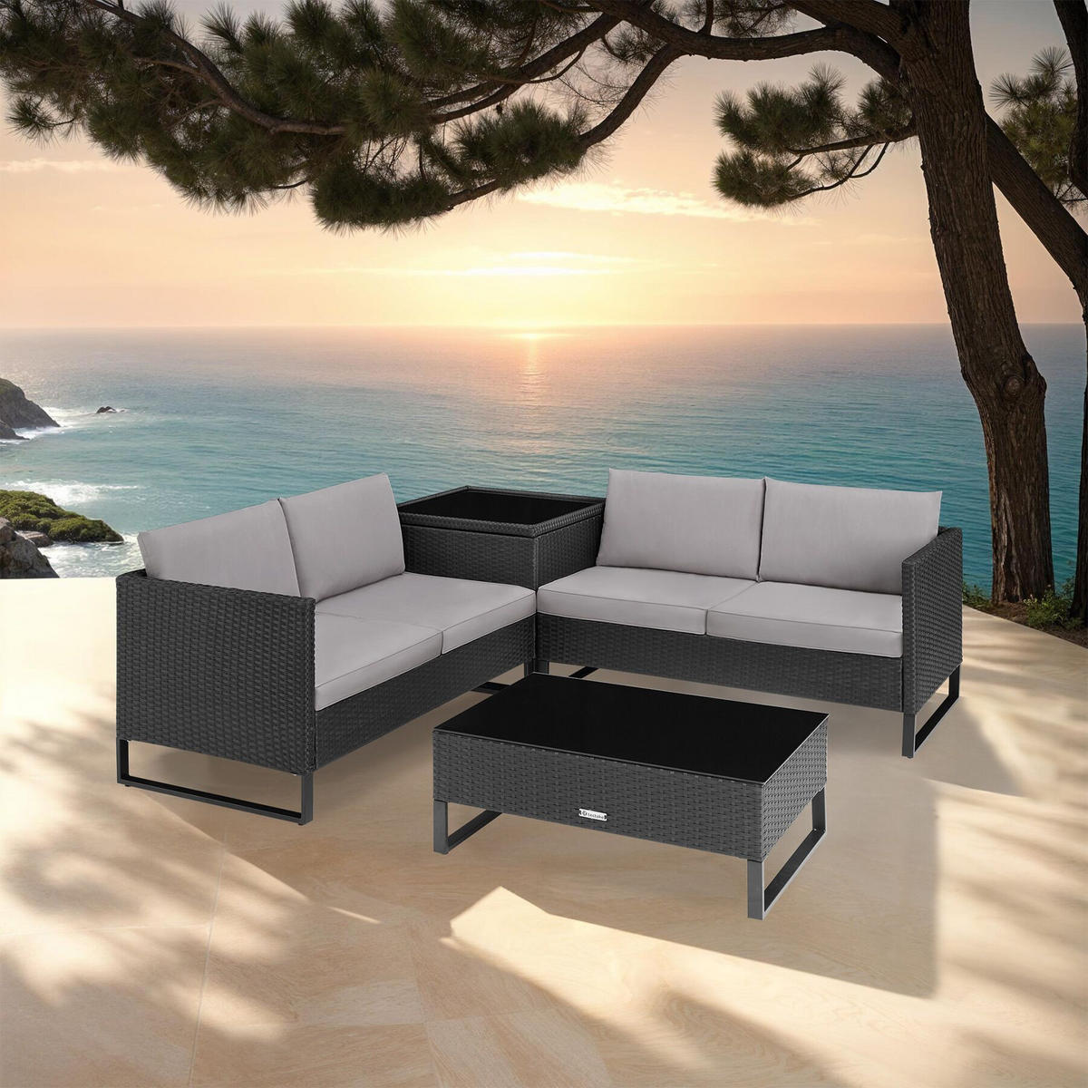 RATTANLOUNGE Ostuni,mit Sicherheitsglasplatte,schwarz - Schwarz, Kunststoff - tectake