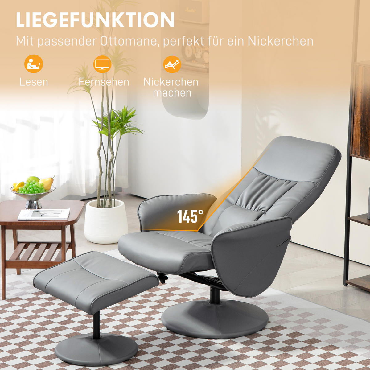 RELAXSESSEL mit Hocker, Fernsehsessel, TV Sessel mit Liegefunktion, Kunstleder - Hellgrau/Grau, Metall (76/101/81cm) - HOMCOM