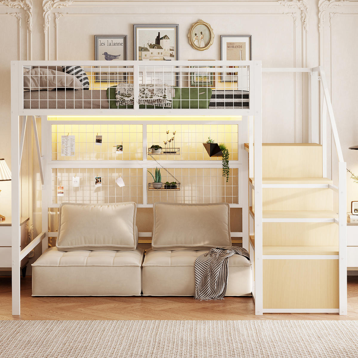 HOCHBETT 140/200 cm Weiß aus Metall mit LED-Beleuchtung und Treppe mit Stauraum - Weiß, Metall (140/200cm) - OKWISH