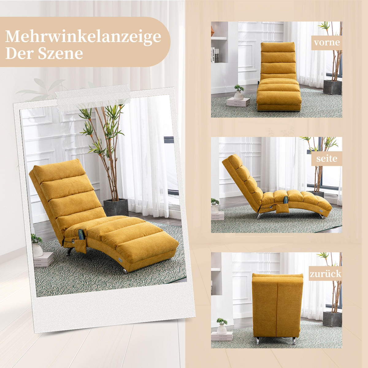 MASAŽNA FOTELJA u senf žutoj boji s funkcijom vibracije, od lana - srebrne boje/žuta, drvni materijal/tekstil (55/84/148cm) - CHICFURN