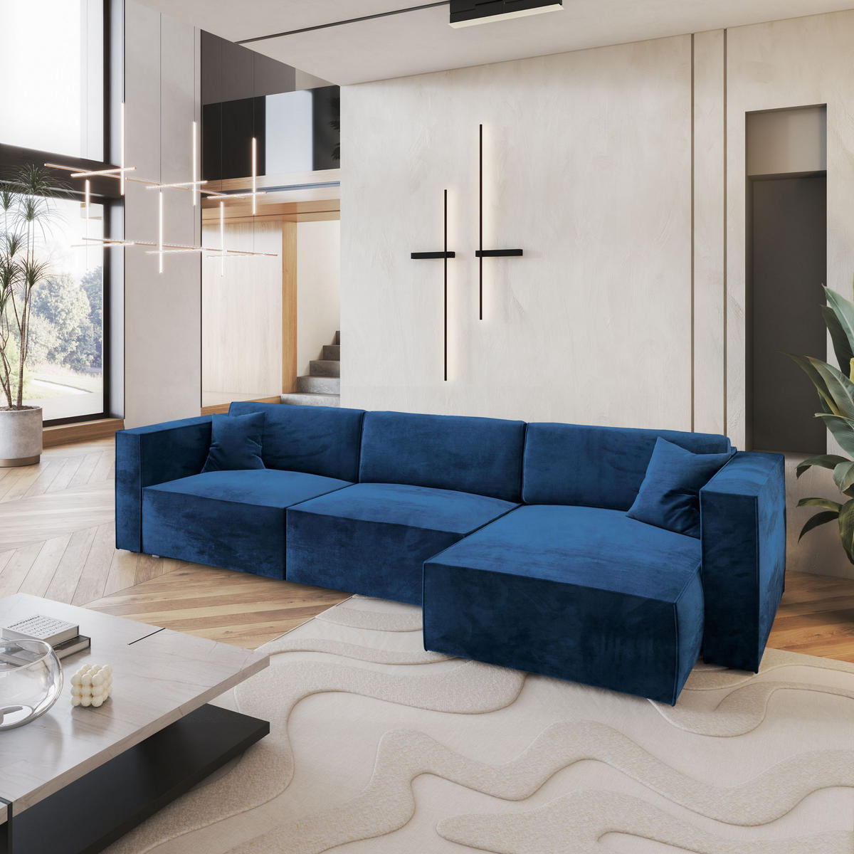 ECKSOFA TOLMO M Blau Velours-Stoff mit Schlaffunktion - Blau, Holz (347/148cm) - MASSENO