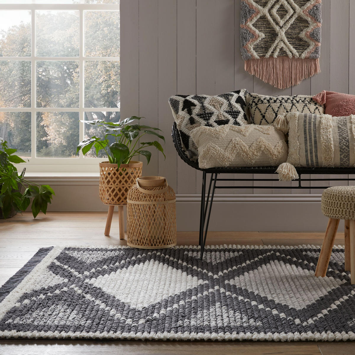 TEPPICH Berber-Design mit Quasten SWALE TESS, Schwarz-Beige 120x170 cm - Schwarz, Textil (120/170cm) - KADIMA DESIGN