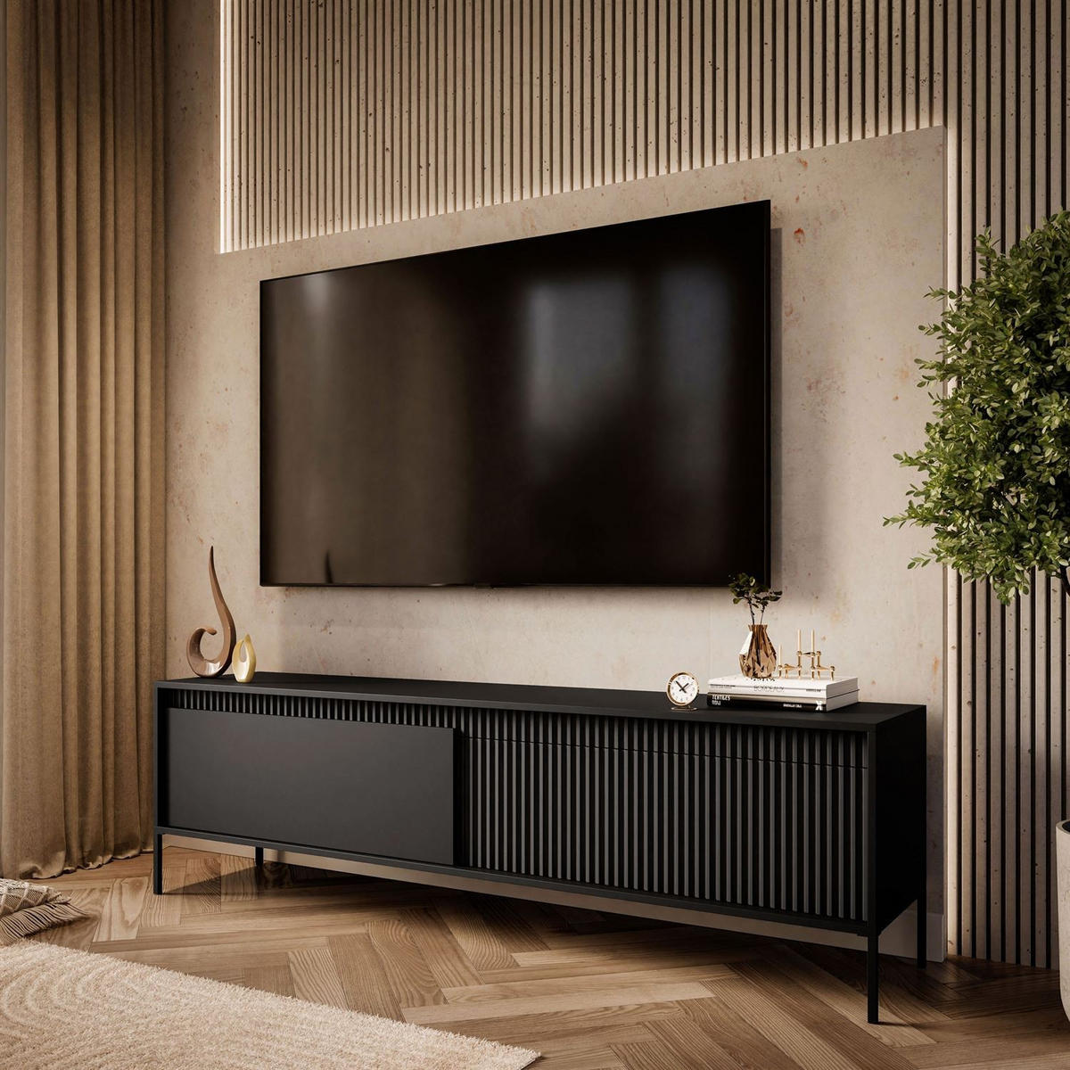 TV-ELEMENT YASUMI 187 cm schwarz matt - Schwarz, Holzwerkstoff (187.1/53.4/39.5cm) - Lookway