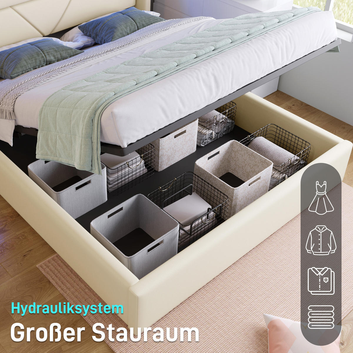 POLSTERBETT 160/200 cm mit LED-Kopfteil & hydraulischem Bettkasten, PU-Leder Weiß - Weiß, Kunststoff (160/200cm) - Redom