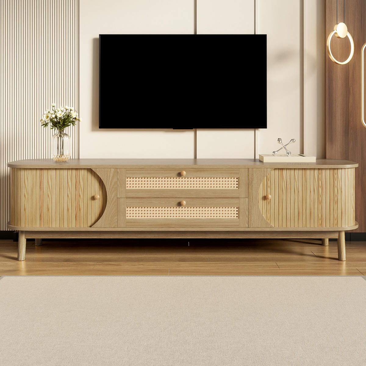 TV Lowboard Naturholz, Rattan, Türen, Schubladen - Braun, Holz (170/46/40cm)