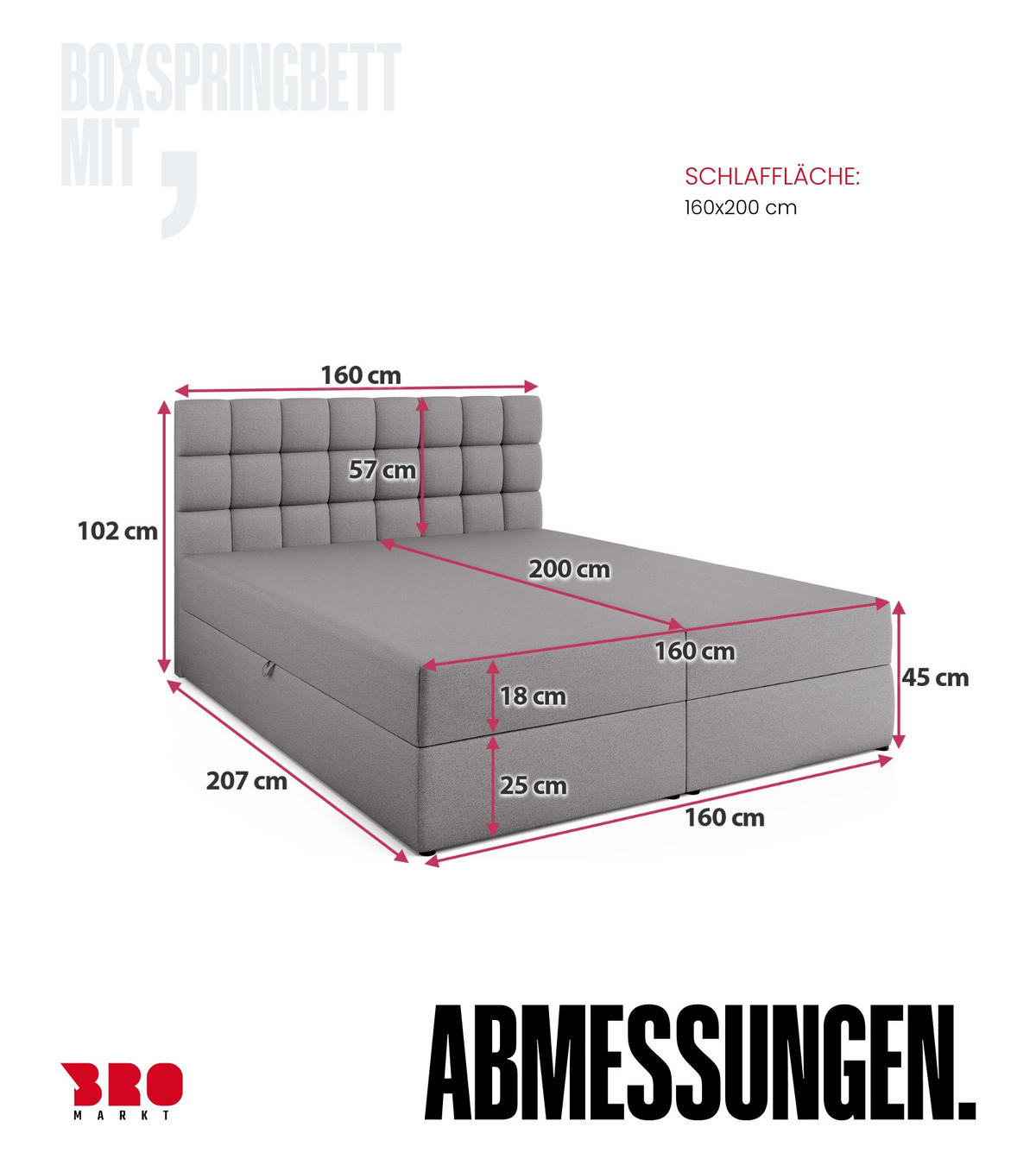 BOXBETT Dakota mit Topper 160/200 Grau - Grau, Textil (160/200cm) - Bromarkt