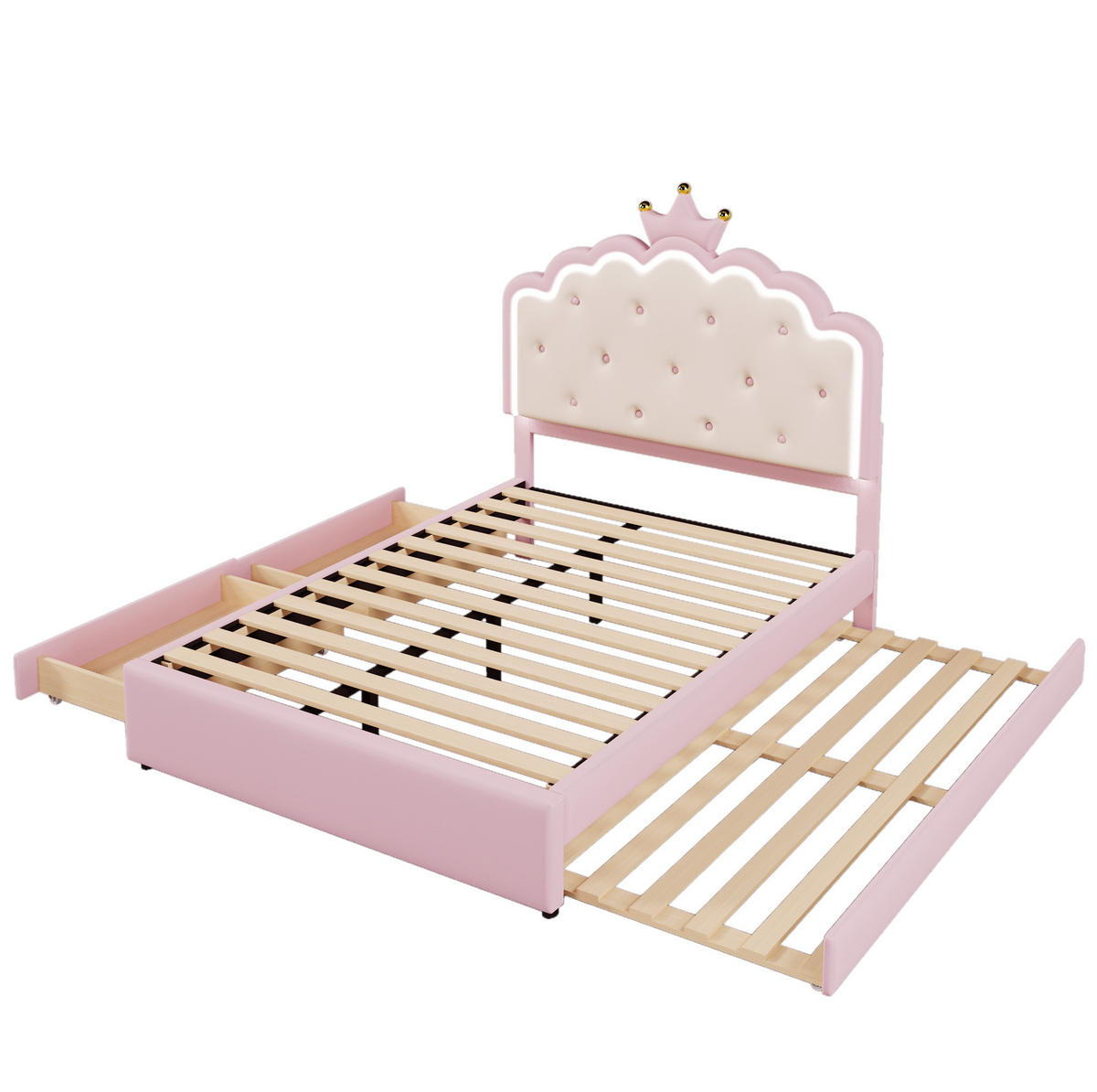 POLSTERBETT 140/200 cm mit LED-Beleuchtung, Ausziehbett, 2 Schubladen und Lattenrost aus PU, Rosa - Rosa, Kunststoff (140/200cm) - Redom
