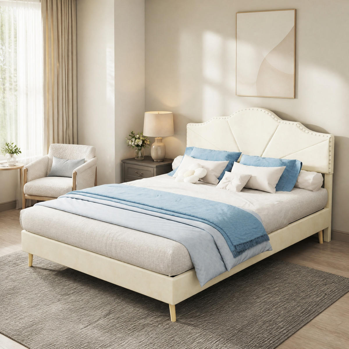 POLSTERBETT 140/200 mit weichem Kopfteil ohne Hebestange, in Beige - Beige, Holzwerkstoff/Textil (140/200cm) - EVRYAE