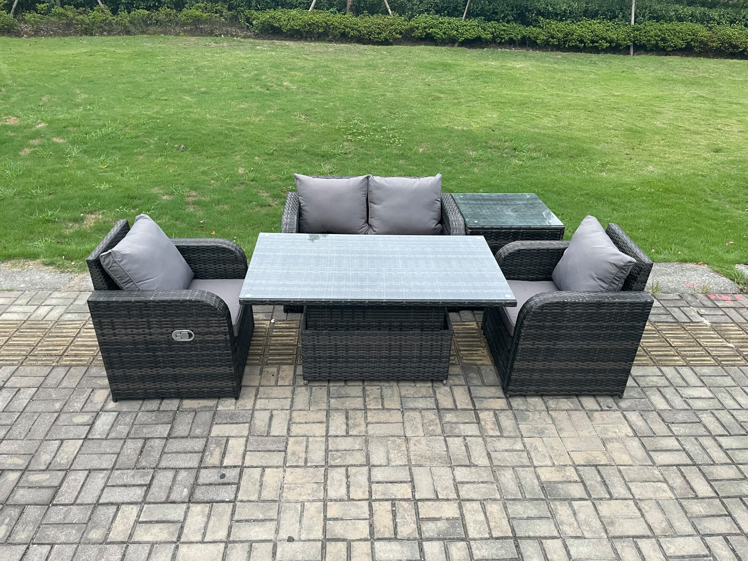 GARTENMÖBEL SET Polyrattan 4-Sitzer - Dunkelgrau/Grau, Glas/Kunststoff - Fimous