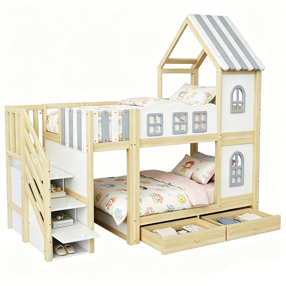 ETAGENBETT 90x200 cm Holz Weiß/Grau mit Stauraumleiter und Schubladen - Weiß, Holz (90/200cm) - Meubliv