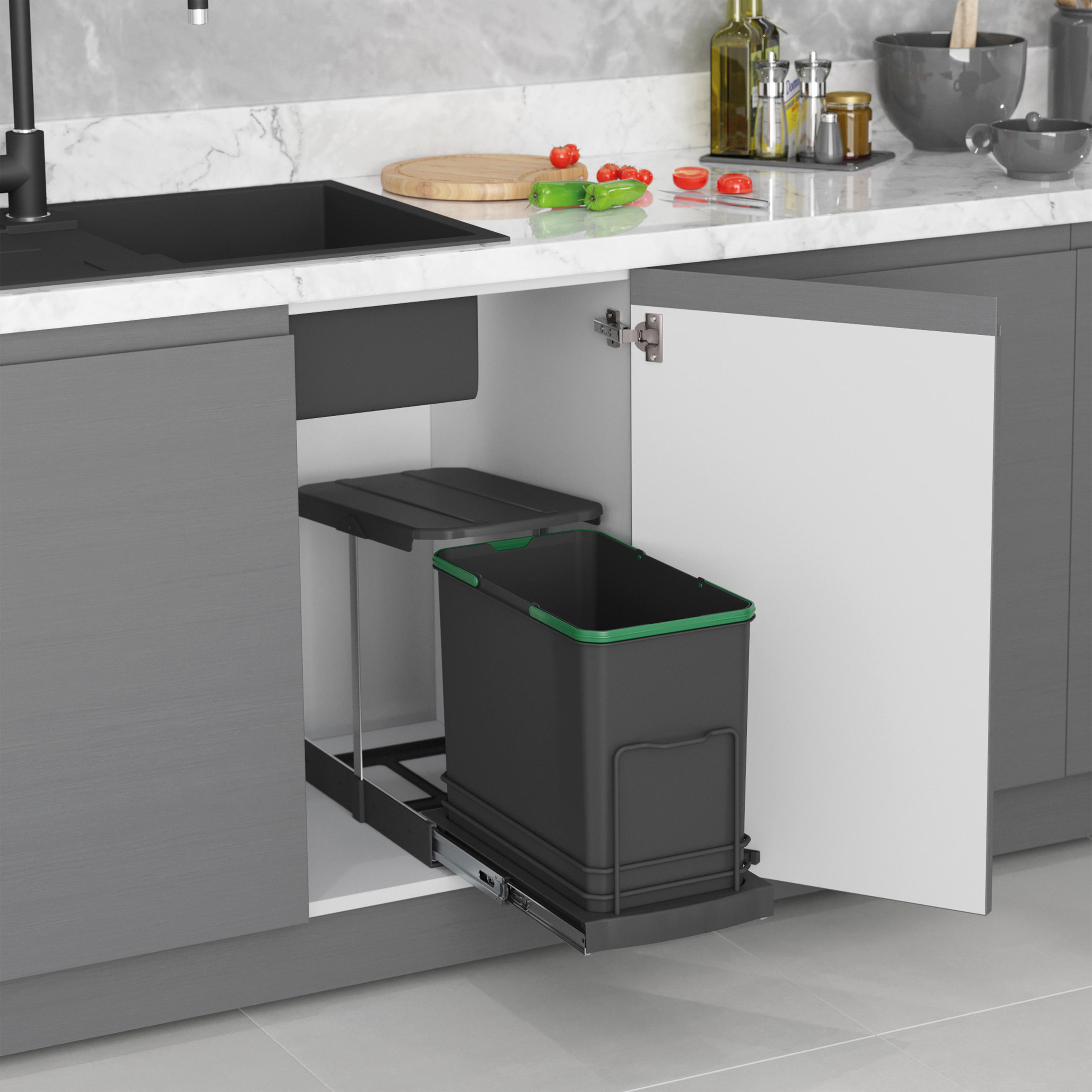 RECYCLINGBEHÄLTER für Küche, 24 L, Bodenbefestigung und Handauszug/automatische, Anthrazitgrauer Kunststoff - Anthrazit, Metall (25.7/40/43.35cm) - EMUCA