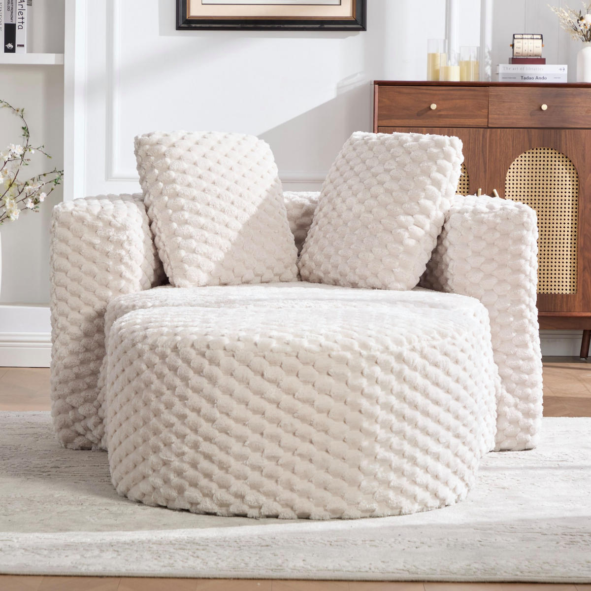 SESSEL 129/116/65 cm mit Hocker, 360°-Fassdesign und weichem Kunstfellbezug, Beige - Beige, Textil (116/65/129cm) - Redom